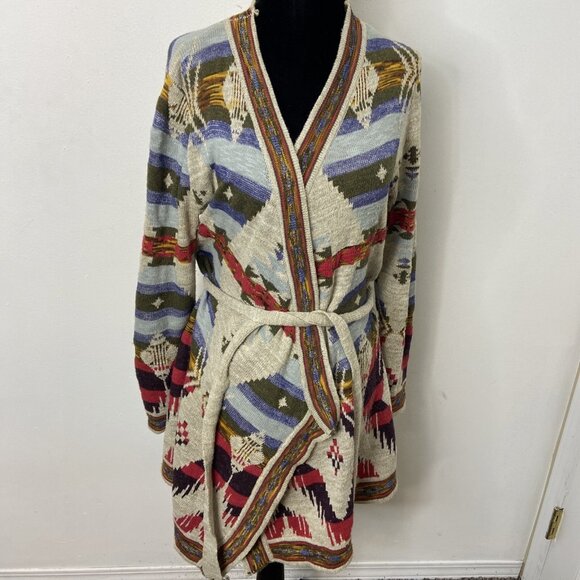 Desigual Woman L Southwestern Open Cardigan Sweater Robe Belted Aztec - Picture 1 of 9